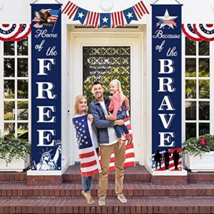 American Flag Patriotic Soldier Porch Sign Banners -“HOME of the FREE” and “Because of the BRAVE”- Hanging Banner for 4th of July Decor/ Independence Day/ Memorial Day/ Veterans Day/ Labor Day