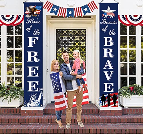 American Flag Patriotic Soldier Porch Sign Banners -“HOME of the FREE” and “Because of the BRAVE”- Hanging Banner for 4th of July Decor/ Independence Day/ Memorial Day/ Veterans Day/ Labor Day