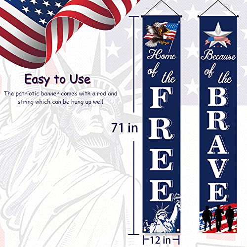 American Flag Patriotic Soldier Porch Sign Banners -“HOME of the FREE” and “Because of the BRAVE”- Hanging Banner for 4th of July Decor/ Independence Day/ Memorial Day/ Veterans Day/ Labor Day