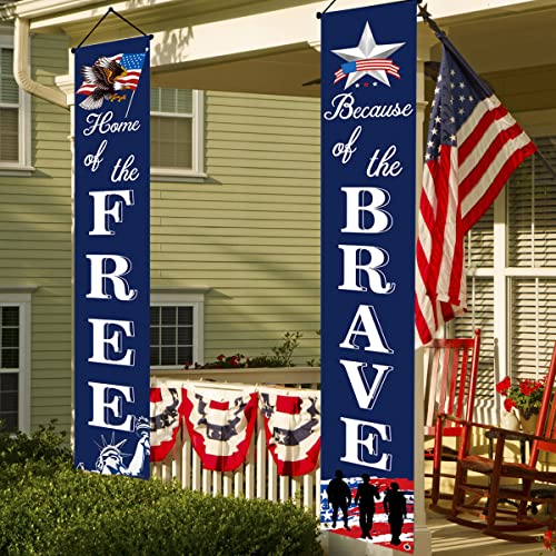 American Flag Patriotic Soldier Porch Sign Banners -“HOME of the FREE” and “Because of the BRAVE”- Hanging Banner for 4th of July Decor/ Independence Day/ Memorial Day/ Veterans Day/ Labor Day