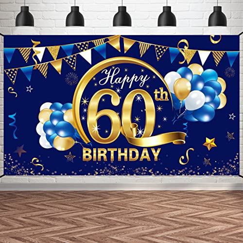 Blue Happy Birthday Banner Decorations for Men, Blue Gold Birthday Backdrop Party Supplies, Birthday Photo Background Sign Decor (blue 60th)