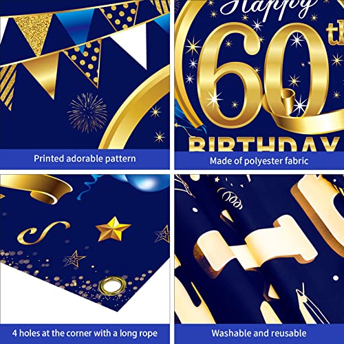 Blue Happy Birthday Banner Decorations for Men, Blue Gold Birthday Backdrop Party Supplies, Birthday Photo Background Sign Decor (blue 60th)