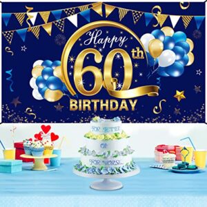 Blue Happy Birthday Banner Decorations for Men, Blue Gold Birthday Backdrop Party Supplies, Birthday Photo Background Sign Decor (blue 60th)