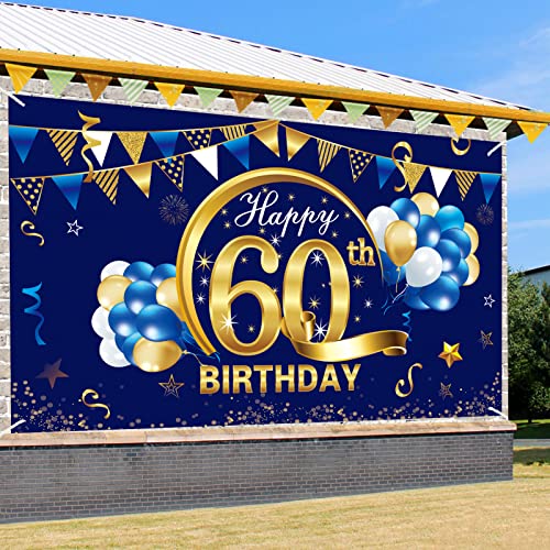 Blue Happy Birthday Banner Decorations for Men, Blue Gold Birthday Backdrop Party Supplies, Birthday Photo Background Sign Decor (blue 60th)