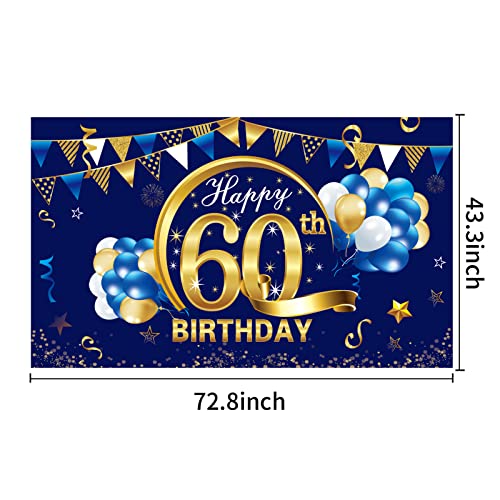 Blue Happy Birthday Banner Decorations for Men, Blue Gold Birthday Backdrop Party Supplies, Birthday Photo Background Sign Decor (blue 60th)