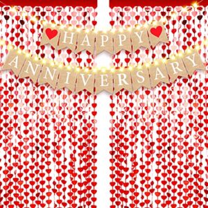 breling 6 pieces burlap happy anniversary banner party bunting garland decorations wedding decoration supplies hanging red heart streamer with led lights, m