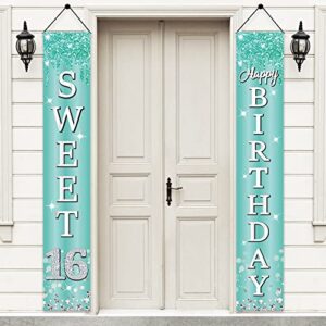 teal silver happy 16th birthday door banner decorations for girls, breakfast blue sweet 16 birthday porch sign party supplies, happy sweet sixteen year old birthday decor for outdoor indoor