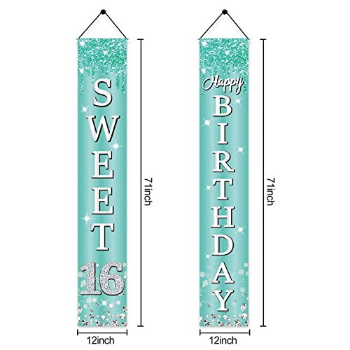 Teal Silver Happy 16th Birthday Door Banner Decorations for Girls, Breakfast Blue Sweet 16 Birthday Porch Sign Party Supplies, Happy Sweet Sixteen Year Old Birthday Decor for Outdoor Indoor