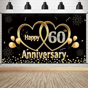 60th anniversary banner backdrop decorations – large happy 60 year wedding anniversary party supplies décor – black gold 60 anniversary poster sign for outdoor indoor