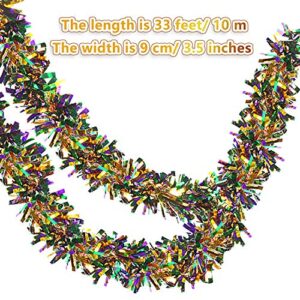 33 Feet Mardi Gras Tinsel Purple Green Gold Metallic Streamers Garland Festooning Garland Glittering Hanging Decoration for Mardi Gras Wedding Birthday Disco Party Decorations Supplies