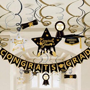 graduation hanging swirl banner decorations, black gold silver star banner garland party supplies for class of 2023