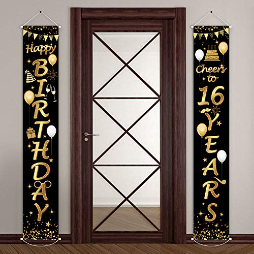 2 Pieces Birthday Party Decorations Cheers to Years Banner Welcome Porch Sign for Birthday Supplies (Happy 16th Birthday)