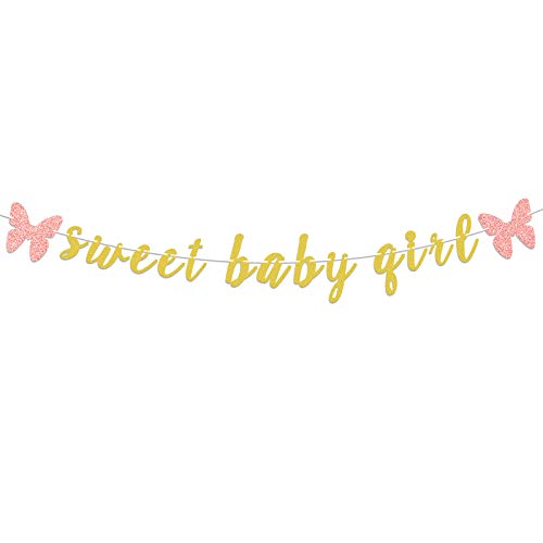 LASKYER Sweet Baby Girl Gold Glitter Garland Banner with Pink Butterfly Perfect for Baby Shower Baby Girl Birthday Party Decorations.