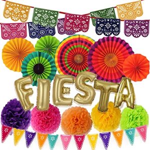 Mexican Fiesta Party Decorations – Cinco De Mayo - 6 Paper Fans, 5 Flowers Pom Poms, Papel Picado, Pennants Garland, PDF Games - Taco Bout Tuesday, Birthday, Engagement Supplies