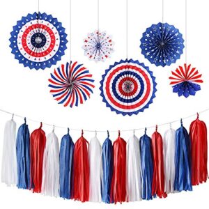crazycharlie u.s. patriotic decorations,include 6pcs paper fans and 15pcs diy red,white and blue tassel garland with rope for american theme party patriotic party decorations