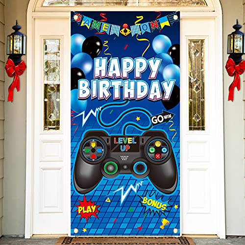 Video Game Happy Birthday Party Supplies Video Gaming Door Banner - Blue Gamer Room Door Backdrops Decor for Boy - Game Controller Themed Birthday Door Cover Decoration