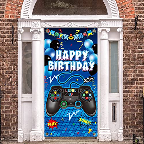 Video Game Happy Birthday Party Supplies Video Gaming Door Banner - Blue Gamer Room Door Backdrops Decor for Boy - Game Controller Themed Birthday Door Cover Decoration