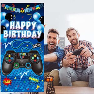 Video Game Happy Birthday Party Supplies Video Gaming Door Banner - Blue Gamer Room Door Backdrops Decor for Boy - Game Controller Themed Birthday Door Cover Decoration