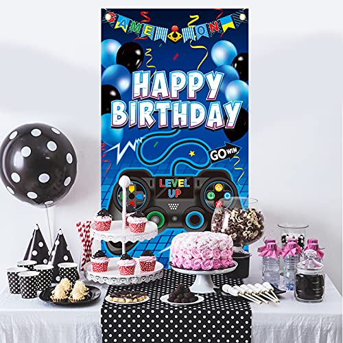 Video Game Happy Birthday Party Supplies Video Gaming Door Banner - Blue Gamer Room Door Backdrops Decor for Boy - Game Controller Themed Birthday Door Cover Decoration