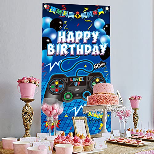 Video Game Happy Birthday Party Supplies Video Gaming Door Banner - Blue Gamer Room Door Backdrops Decor for Boy - Game Controller Themed Birthday Door Cover Decoration