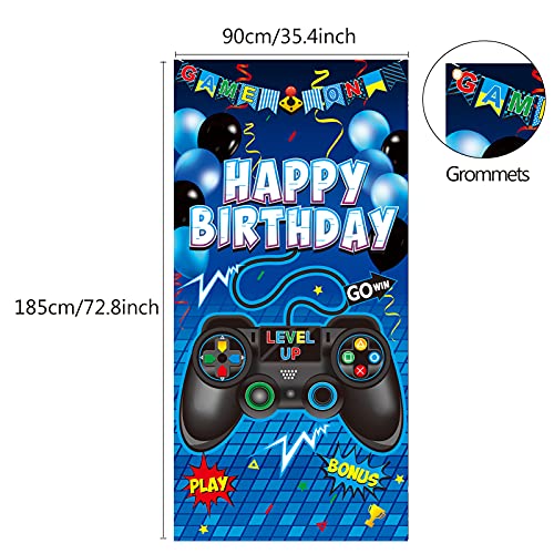 Video Game Happy Birthday Party Supplies Video Gaming Door Banner - Blue Gamer Room Door Backdrops Decor for Boy - Game Controller Themed Birthday Door Cover Decoration
