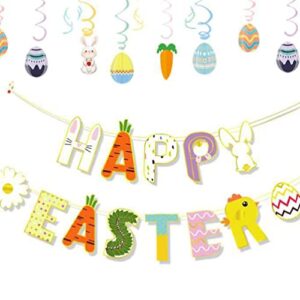 ABOOFAN 1 Set Happy Easter Banner Bunny Sign Rustic Bunting Garland Easter Hanging Ornaments for Easter Theme Party Wall Decorations