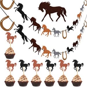 22 pcs horse banner set including 2 pieces horse banner and 20 pieces horse cupcake topper horse racing streamer horse party for horse racing birthday wedding baby shower home decoration supplies