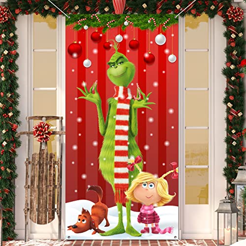 Grinch Christmas Decorations The Grinch Door Cover Red Backdrop Funny Xmas Hanging Banners Merry Christmas Porch Sign for Indoor Outside Front Door Party Supplies