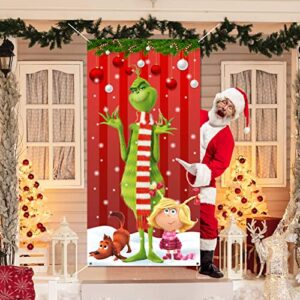 Grinch Christmas Decorations The Grinch Door Cover Red Backdrop Funny Xmas Hanging Banners Merry Christmas Porch Sign for Indoor Outside Front Door Party Supplies