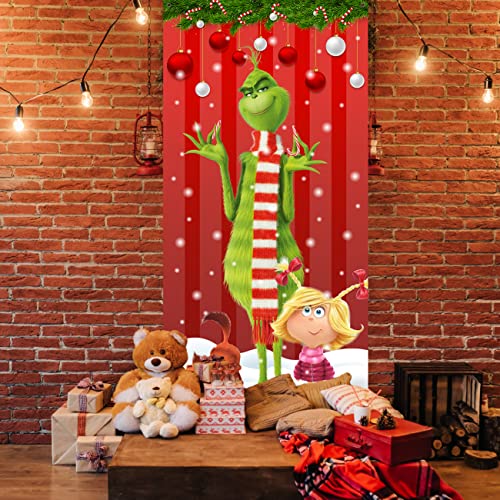 Grinch Christmas Decorations The Grinch Door Cover Red Backdrop Funny Xmas Hanging Banners Merry Christmas Porch Sign for Indoor Outside Front Door Party Supplies