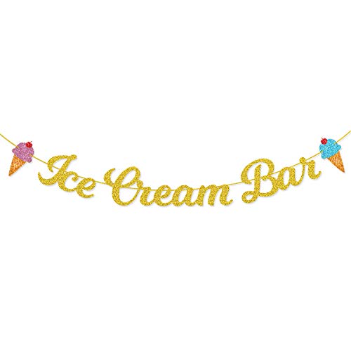 Ice Cream Bar Gold Glitter Banner Sign Garland Pre-strung for Ice Cream Themed Birthday Party Baby Shower Decorations