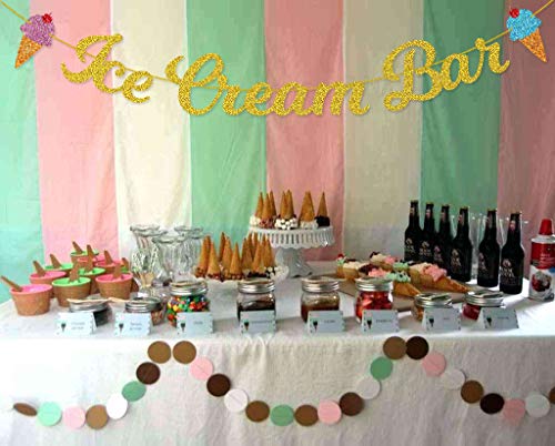 Ice Cream Bar Gold Glitter Banner Sign Garland Pre-strung for Ice Cream Themed Birthday Party Baby Shower Decorations