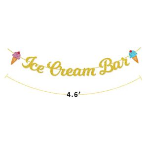 Ice Cream Bar Gold Glitter Banner Sign Garland Pre-strung for Ice Cream Themed Birthday Party Baby Shower Decorations