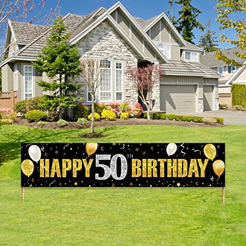 50th Birthday Banner Decorations for Men Women, Black Gold Happy 50 Birthday Yard Banner Sign Party Supplies, Fifty Year Old Birthday Party Decor for Indoor Outdoor