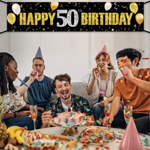 50th Birthday Banner Decorations for Men Women, Black Gold Happy 50 Birthday Yard Banner Sign Party Supplies, Fifty Year Old Birthday Party Decor for Indoor Outdoor