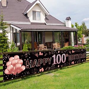 pimvimcim happy 100th birthday banner decorations, large 100th birthday party sign, rose gold 100th birthday party supplies for women, 100 years old birthday photo booth backdrop (9.8×1.6ft)
