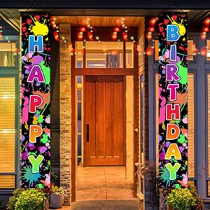 glow in the dark party supplies neon birthday door banner, glow neon happy birthday decorations, color lets glow theme midnight crazy door sign porch decor