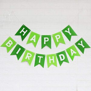 green happy birthday banner with white letters, swallowtail design hanging signs party decorations