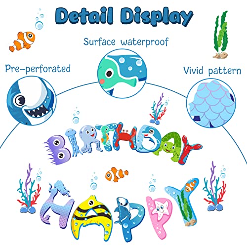 Sea Animal Banner Under the Sea Birthday Decorations, Ocean Themed Marine Creature Birthday Party Supplies for Baby Girl Boy, Sea Theme Happy Birthday Banner Baby Shower Sign Decor