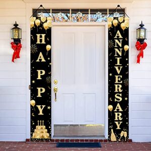 wedding anniversary decorations door banner decor, black gold happy anniversary banner sign party supplies, anniversary party welcome porch door decor for outdoor