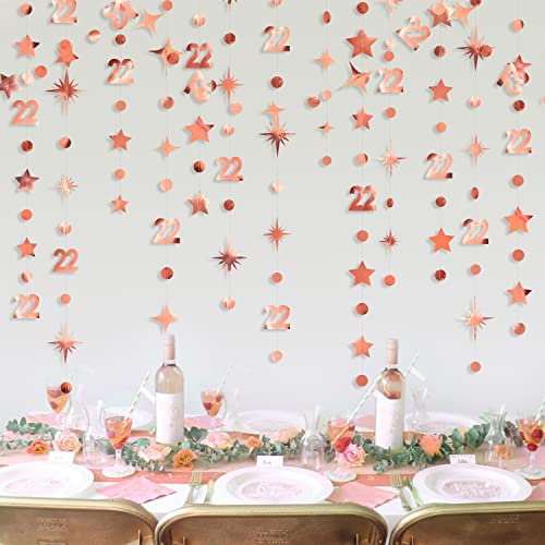 Rose Gold 22nd Birthday Decorations Number 22 Circle Dot Star Garland Streamer Bunting Banner Backdrop for Womens Feeling 22 Twenty Two Year Old Birthday Happy 22th Anniversary Party Supplies