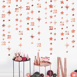 Rose Gold 22nd Birthday Decorations Number 22 Circle Dot Star Garland Streamer Bunting Banner Backdrop for Womens Feeling 22 Twenty Two Year Old Birthday Happy 22th Anniversary Party Supplies