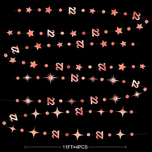 Rose Gold 22nd Birthday Decorations Number 22 Circle Dot Star Garland Streamer Bunting Banner Backdrop for Womens Feeling 22 Twenty Two Year Old Birthday Happy 22th Anniversary Party Supplies