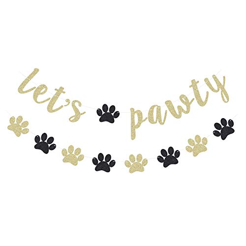 Gold Glitter Let's Pawty Banner Pet Birthday Party Paper Sign Cat Birthday Backdrops Decorations