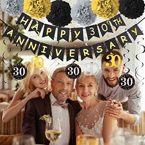 Yoaokiy 30th Anniversary Party Decorations Kit, 30th Wedding Anniversary Decorations Supplies, Including Gold Happy 30th Anniversary Banner / 9Pcs Hanging Swirl / 6Pcs Poms