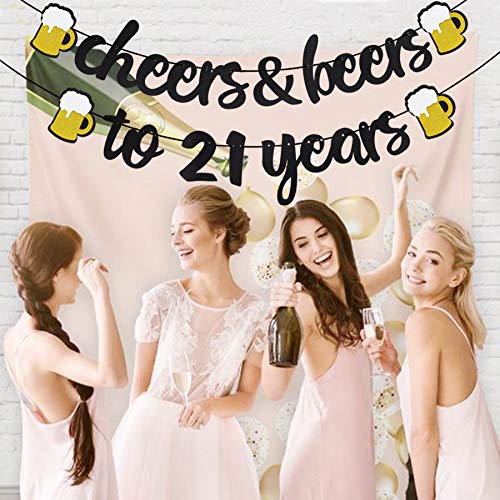 21th Birthday Decorations,Cheers & Beers to 21 Years Banner Black Glitter Banner for 21th birthday Backdrop Wedding Aniversary Party Supplies Decorations - PRESTRUNG