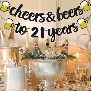 21th Birthday Decorations,Cheers & Beers to 21 Years Banner Black Glitter Banner for 21th birthday Backdrop Wedding Aniversary Party Supplies Decorations - PRESTRUNG