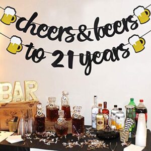 21th Birthday Decorations,Cheers & Beers to 21 Years Banner Black Glitter Banner for 21th birthday Backdrop Wedding Aniversary Party Supplies Decorations - PRESTRUNG