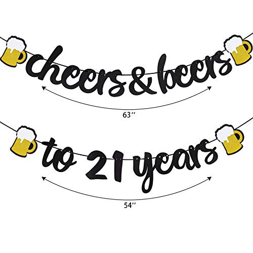 21th Birthday Decorations,Cheers & Beers to 21 Years Banner Black Glitter Banner for 21th birthday Backdrop Wedding Aniversary Party Supplies Decorations - PRESTRUNG