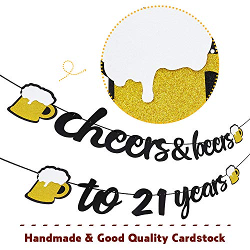 21th Birthday Decorations,Cheers & Beers to 21 Years Banner Black Glitter Banner for 21th birthday Backdrop Wedding Aniversary Party Supplies Decorations - PRESTRUNG